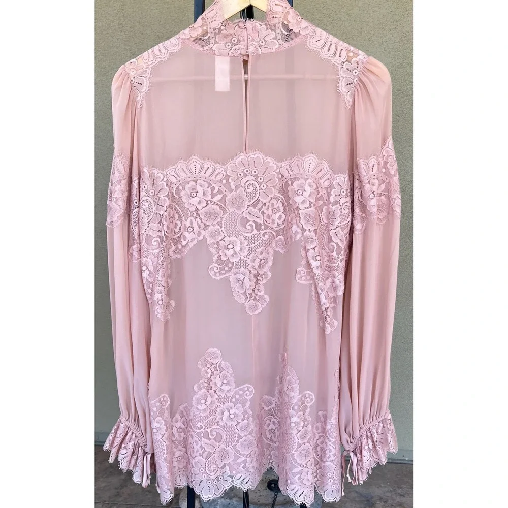 HAH Dusty Rose Pink Lace Trim Blouse Sheer Cover up Romantic‎ Lightweight Medium